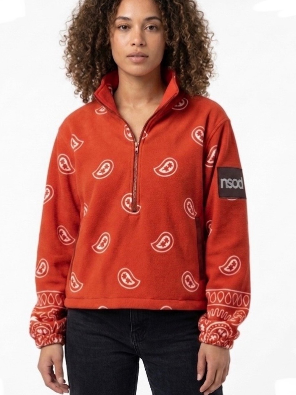 NSOD Clothing Orange Paisley Bandana 1/4 Zip Fleece Pullover Womens Size XS